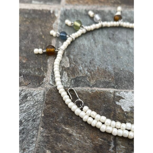 Vtg 1980's Multi Colored Beaded Choker Necklace Adjustable White Beaded Necklace - Picture 5 of 6